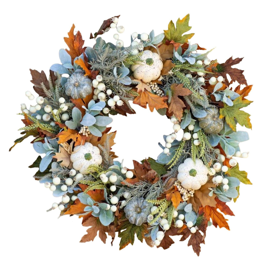 KMWGRE Farmhouse Autumn Wreath for Front Door -Grapevine Wreath Rustic Fall Decor with Artificial Pumpkins, Roses & Berry Branches, Thanksgiving Halloween Wreath