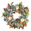 KMWGRE Farmhouse Autumn Wreath for Front Door -Grapevine Wreath Rustic Fall Decor with Artificial Pumpkins, Roses & Berry Branches, Thanksgiving Halloween Wreath