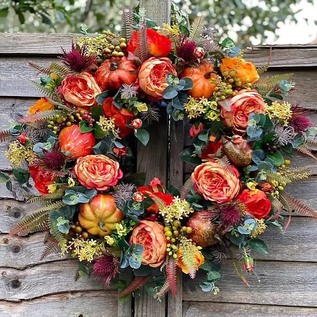 KOMI Fall Peony and Pumpkin Wreath, Autumn Year Round Wreaths for Front Door, Artificial Fall Wreath, Halloween Wreath, Fall Wreaths for Front Door, Autumn Wreath Thanksgiving Wreath (17.7 Inch)