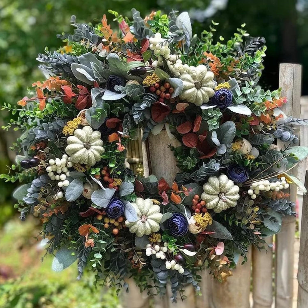 KOMI 2024 Fall Peony and Pumpkin Wreath for Front Door - Year Round Durable Farmhouse Wreath with Maple Leaves, Berries, Pinecones, and Pumpkins for Thanksgiving, Halloween, and Seasonal Home Decor