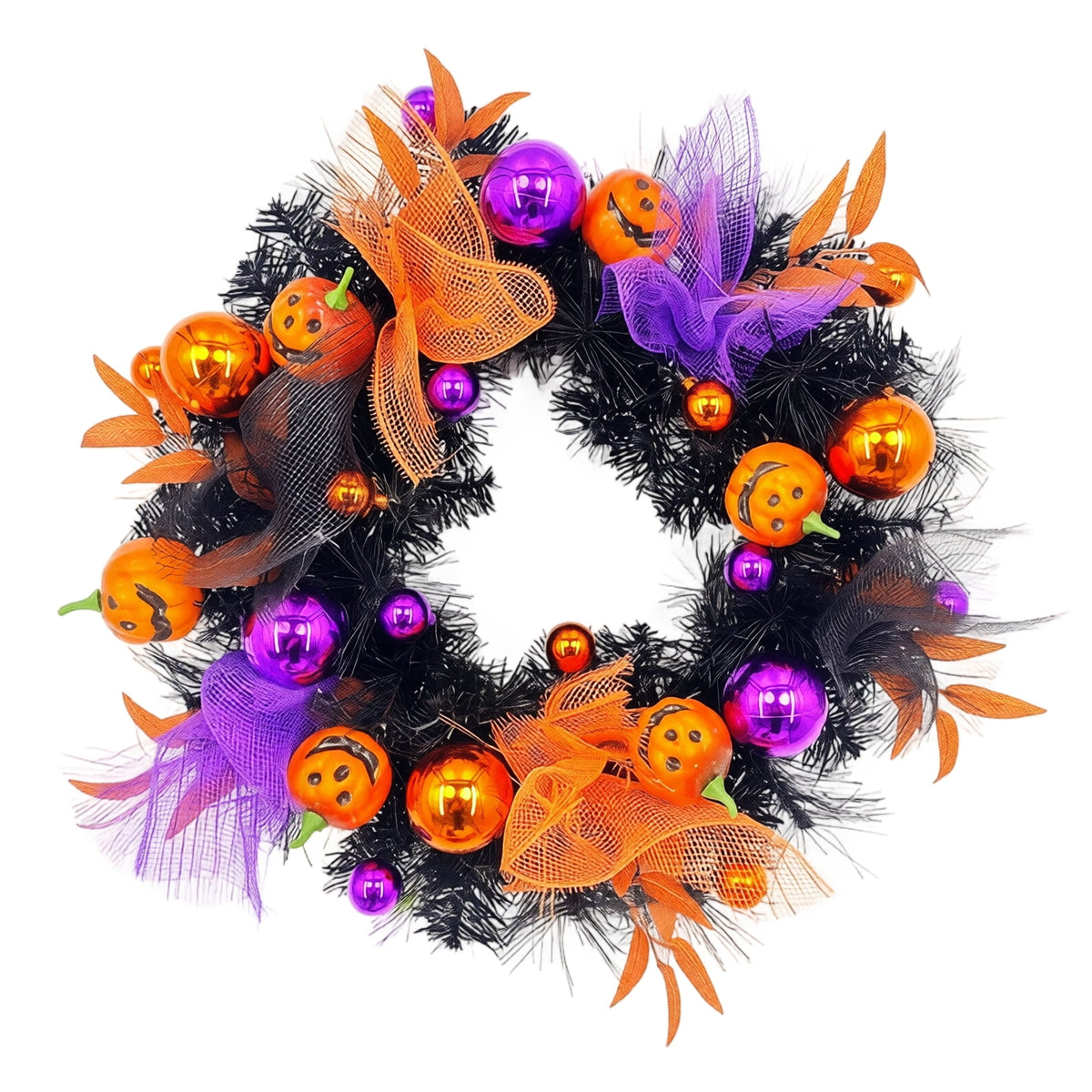 Ktlvex 20" Halloween Wreaths Decoration for Front Door,Black Wreaths Pumpkin Feather Maple Leaves with Lights,Halloween Indoor Outdoor Home Decor（B）