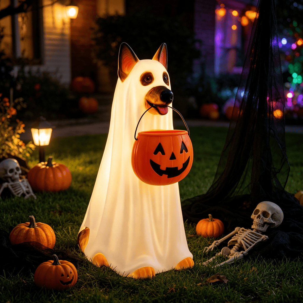LED German Shepherd Blow Molded Halloween Statue, Light Up Ghost Dog Figure with Pumpkin Candy Bucket, Glowing German Shepherd Halloween Decoration for Outdoor Porch Yard Fall Spooky Season Home