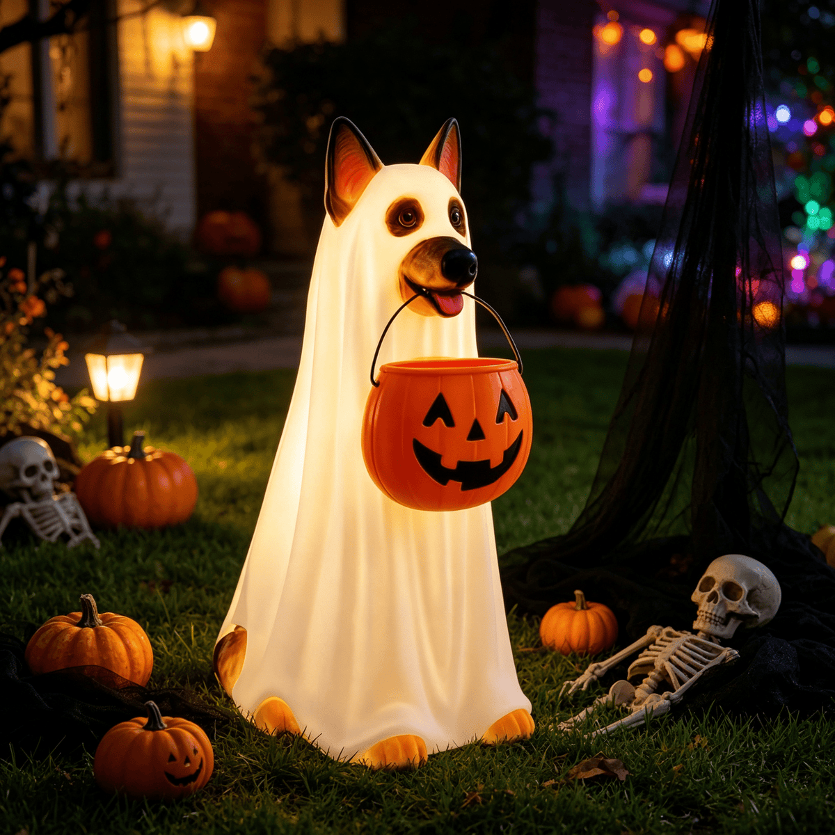 LED German Shepherd Blow Molded Halloween Statue, Light Up Ghost Dog Figure with Pumpkin Candy Bucket, Glowing German Shepherd Halloween Decoration for Outdoor Porch Yard Fall Spooky Season Home