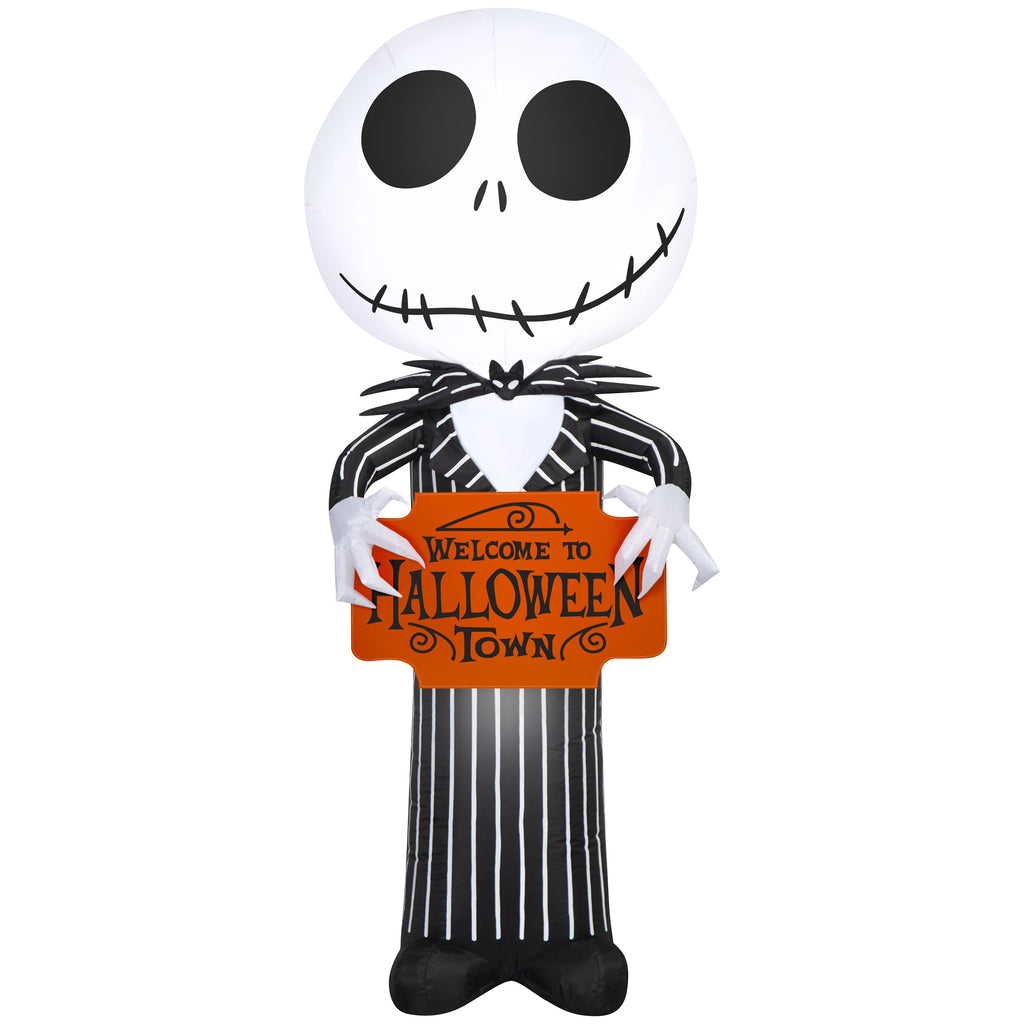Airblown Halloween Yard Inflatables Light Jack Skellington with Welcome to Halloween Town Sign Disney, 5 ft