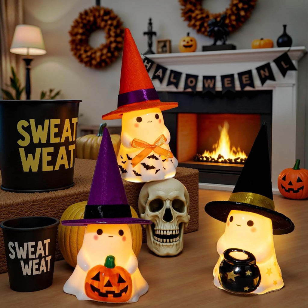 Fwttom Ghost Night Light, Halloween Lights Cute Ghost Reading Book Lamp, Halloween Decorations Indoor Light Up Ghost Statue Ghost Light for House Mantel Bedside