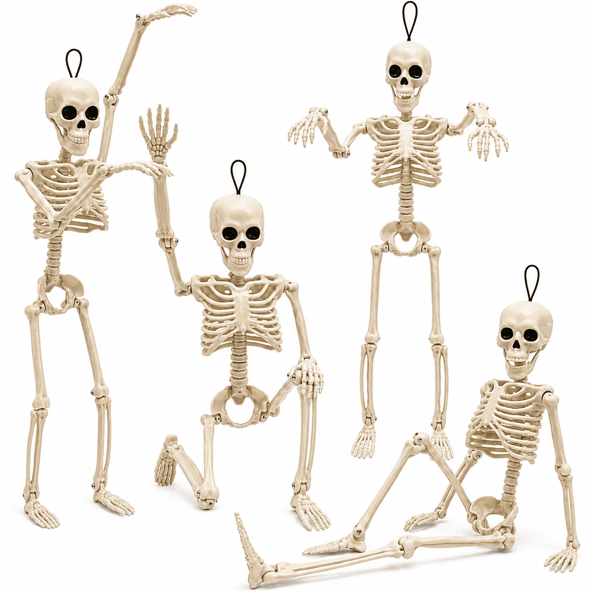 LOMYOLO 4 Pack Halloween Skeleton Decorations, 16 Inch Posable Hanging Skeletons with Movable Joints for Halloween Party, Haunted House, Graveyard, Yard, Porch, Indoor Outdoor Holiday Decorations