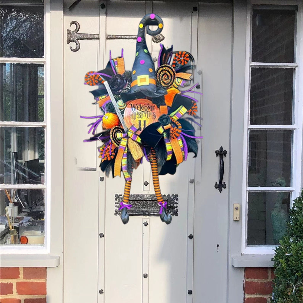Large Halloween Witch Front Door Wreath, 23.6" Handmade Black Deco Mesh Decor Wreath
