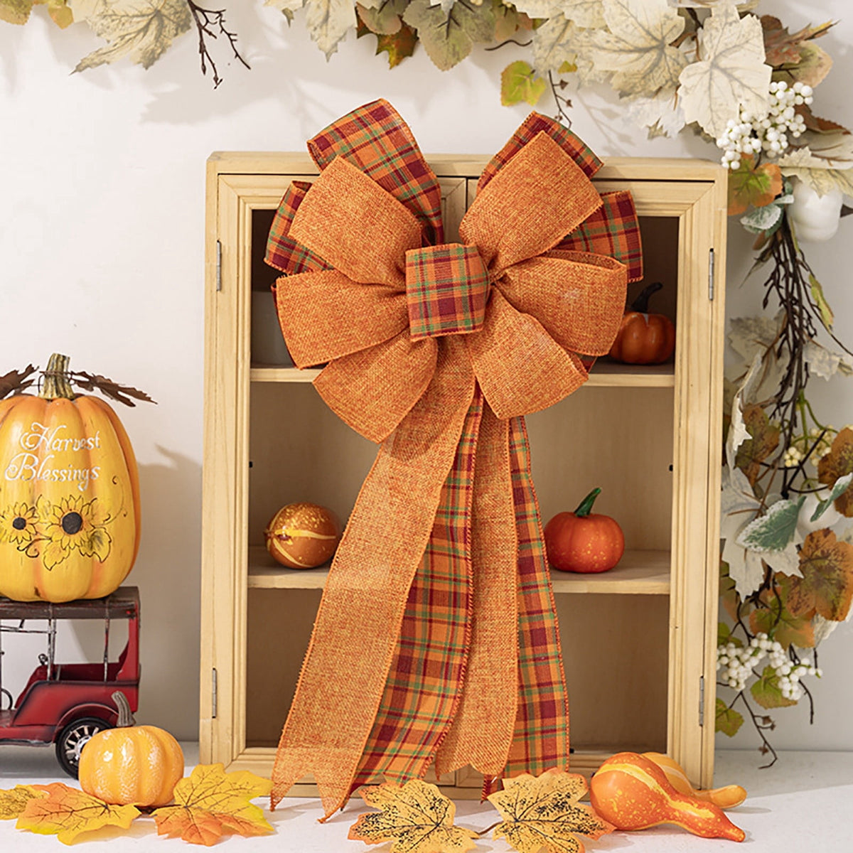 Large Thanksgiving Fall Bow For Wreaths Decorations For Home, Halloween Tree Topper Bow, Pumpkin Bow With Orange Buffalo Plaid Burlap For Front Door Wreath Home Indoor Outdoor Decor
