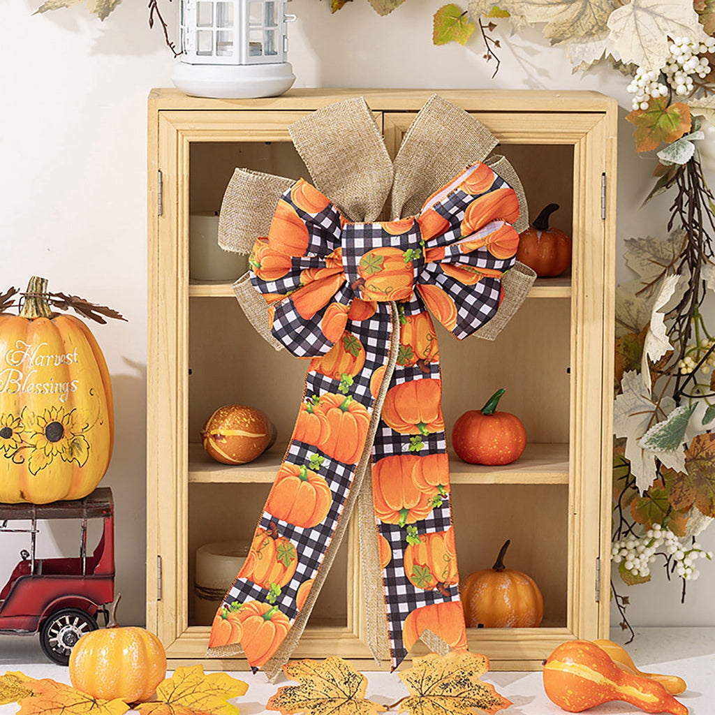 Large Thanksgiving Fall Bow For Wreaths Decorations For Home, Halloween Tree Topper Bow, Pumpkin Bow With Orange Buffalo Plaid Burlap For Front Door Wreath Home Indoor Outdoor Decor