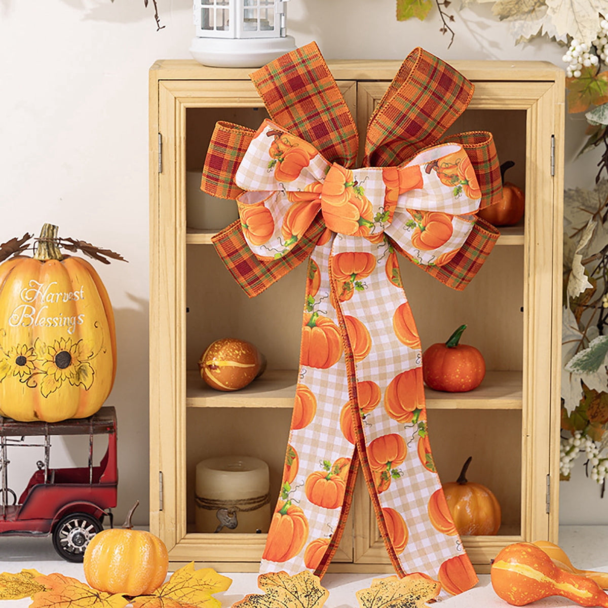 Large Thanksgiving Fall Bow For Wreaths Decorations For Home, Halloween Tree Topper Bow, Pumpkin Bow With Orange Buffalo Plaid Burlap For Front Door Wreath Home Indoor Outdoor Decor