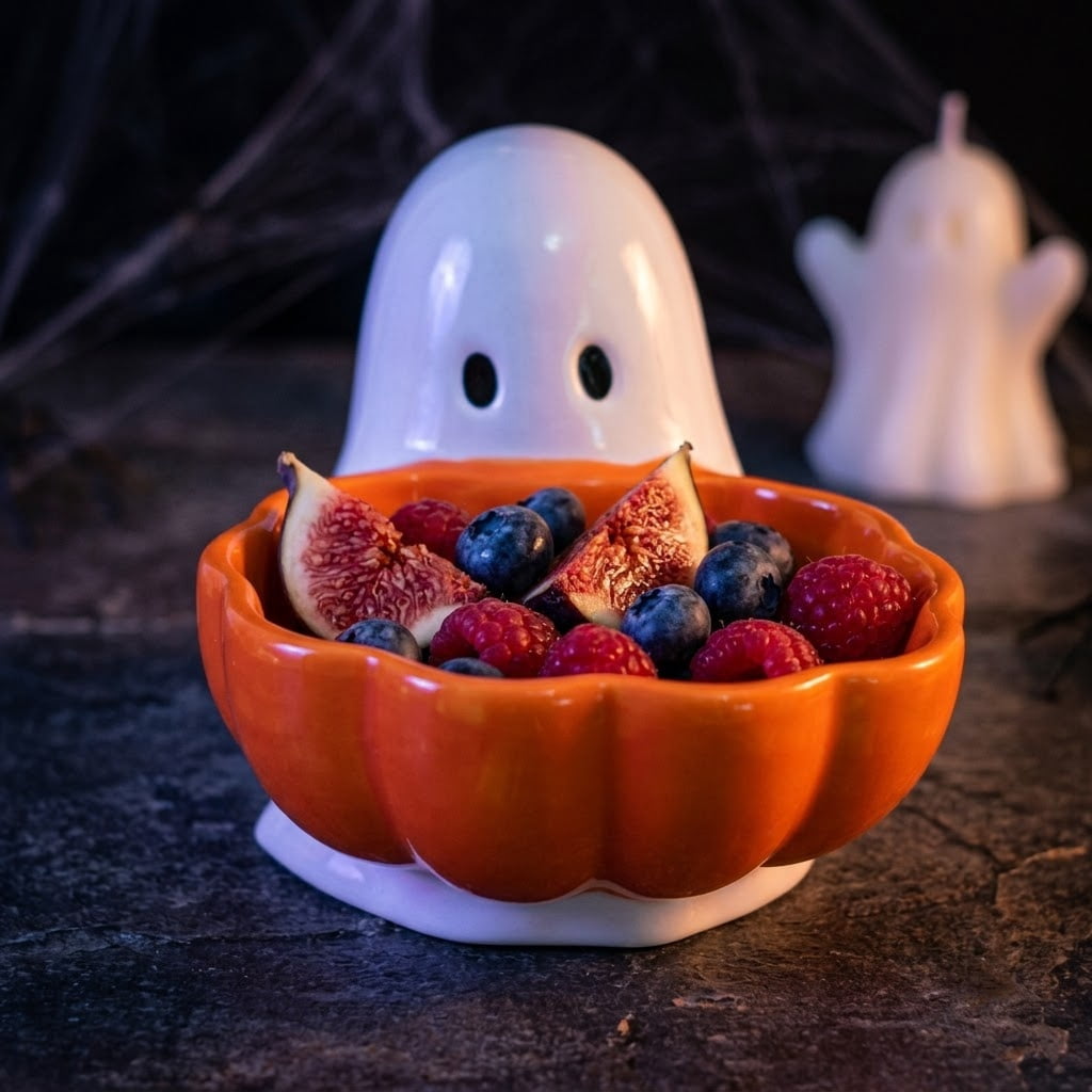 Diceymbol Halloween Pumpkin Snack Bowl Stand Collapsible Broomstick Candy Tray for Cupcakes & Desserts, Resin Serving Platter with Ceramic Pumpkin Bowls