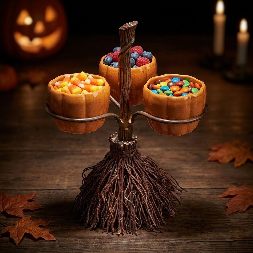 Diceymbol Halloween Pumpkin Snack Bowl Stand Collapsible Broomstick Candy Tray for Cupcakes & Desserts, Resin Serving Platter with Ceramic Pumpkin Bowls