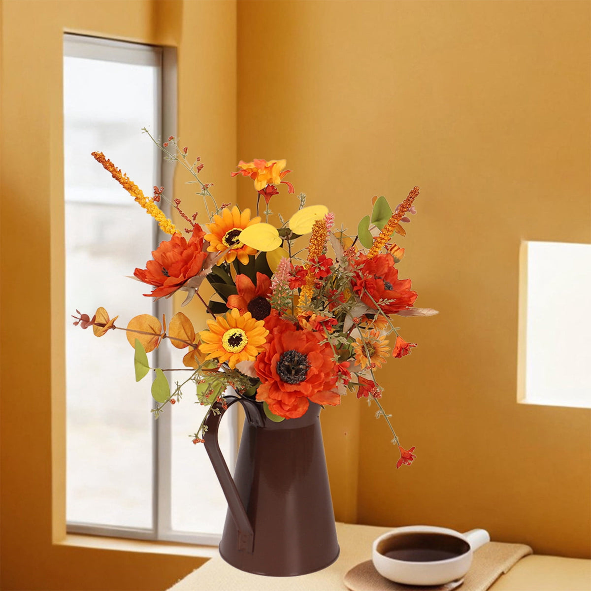 Light Up Sunflower Bouquet Decor - Battery Operated Floral Arrangement Halloween Thanksgiving Table Centerpiece Iron Vase Seasonal Home Gift(A-Not With Lame)