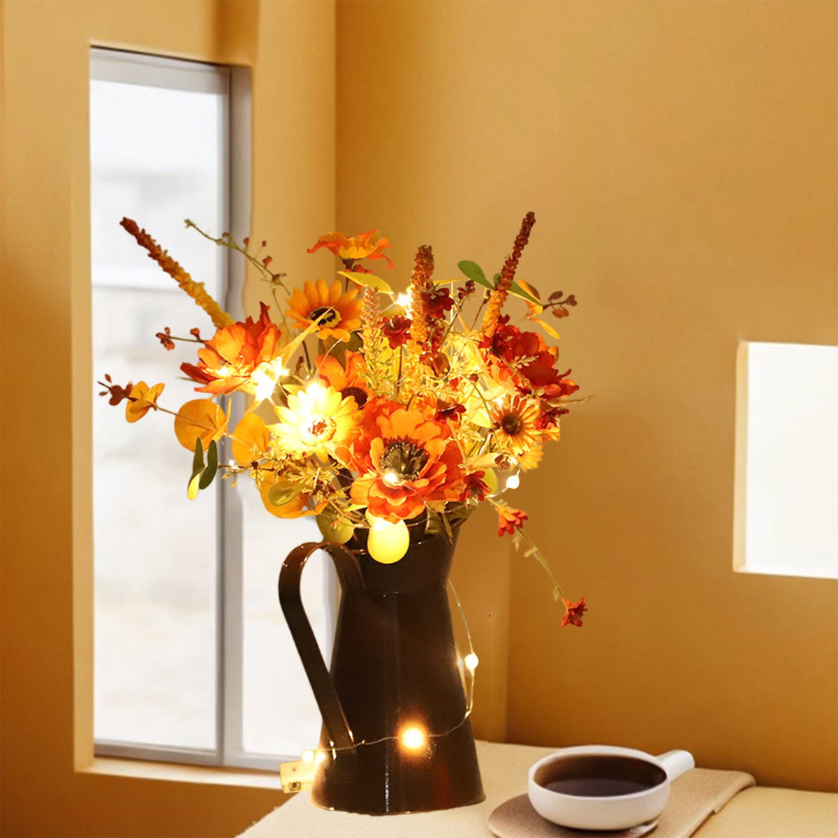 Light Up Sunflower Bouquet Decor - Battery Operated Floral Arrangement Halloween Thanksgiving Table Centerpiece Iron Vase Seasonal Home Gift(A-Not With Lame)