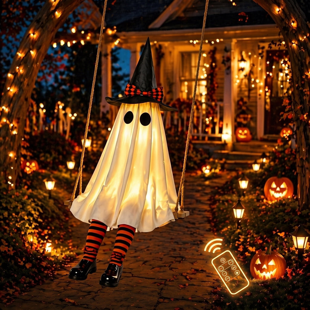 Light Up 2.1 Ft Ghost Walking Dog 2 Pcs, Halloween Ghost Decoration, Adjustable Standing Porch Yard Lawn Decor, Modern Farmhouse Halloween Yard Decor (A)
