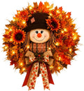 Lighted Scarecrow Halloween Fall Wreath for Front Door, Autumn Harvest Decor, Sunflower Maple Wreath, Warm LED and Farmhouse Burlap Bow & Leaf