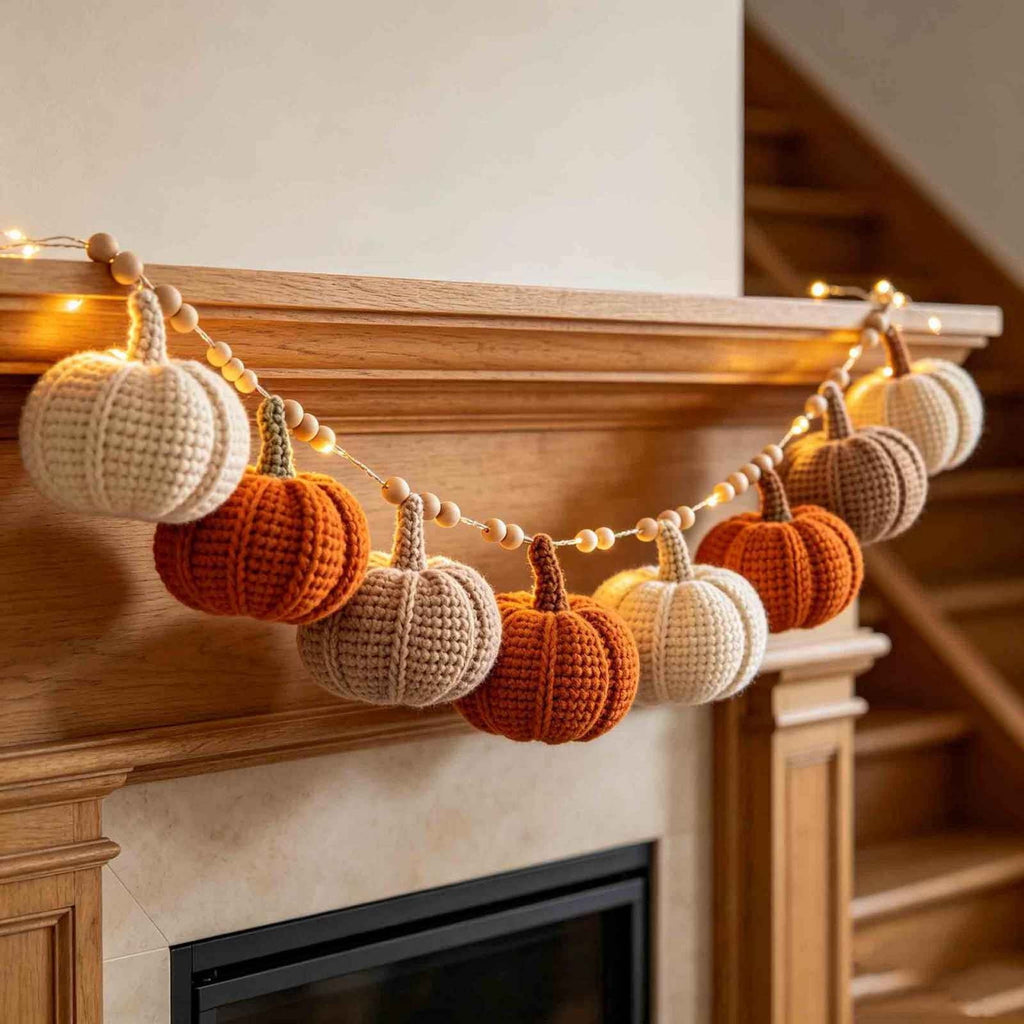 MYUNNIL Fall Knitted Pumpkin String Light Wreath, Handmade Woven Orange White Pumpkin Shaped Harvest Home Decor Light Garland, Farmhouse Seasonal Festive Hanging Decoration for Halloween & Christmas