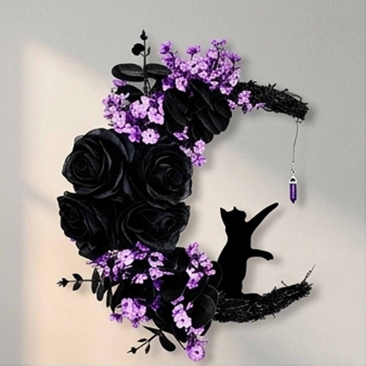 Magical Halloween Moon Cat Wreath Light up Door Crescent Floral Spooky Ruffled Fabric Porch Entryway Home Decor Wreaths Gothic Black Rose Elegant Hanging Decorations for Front Door