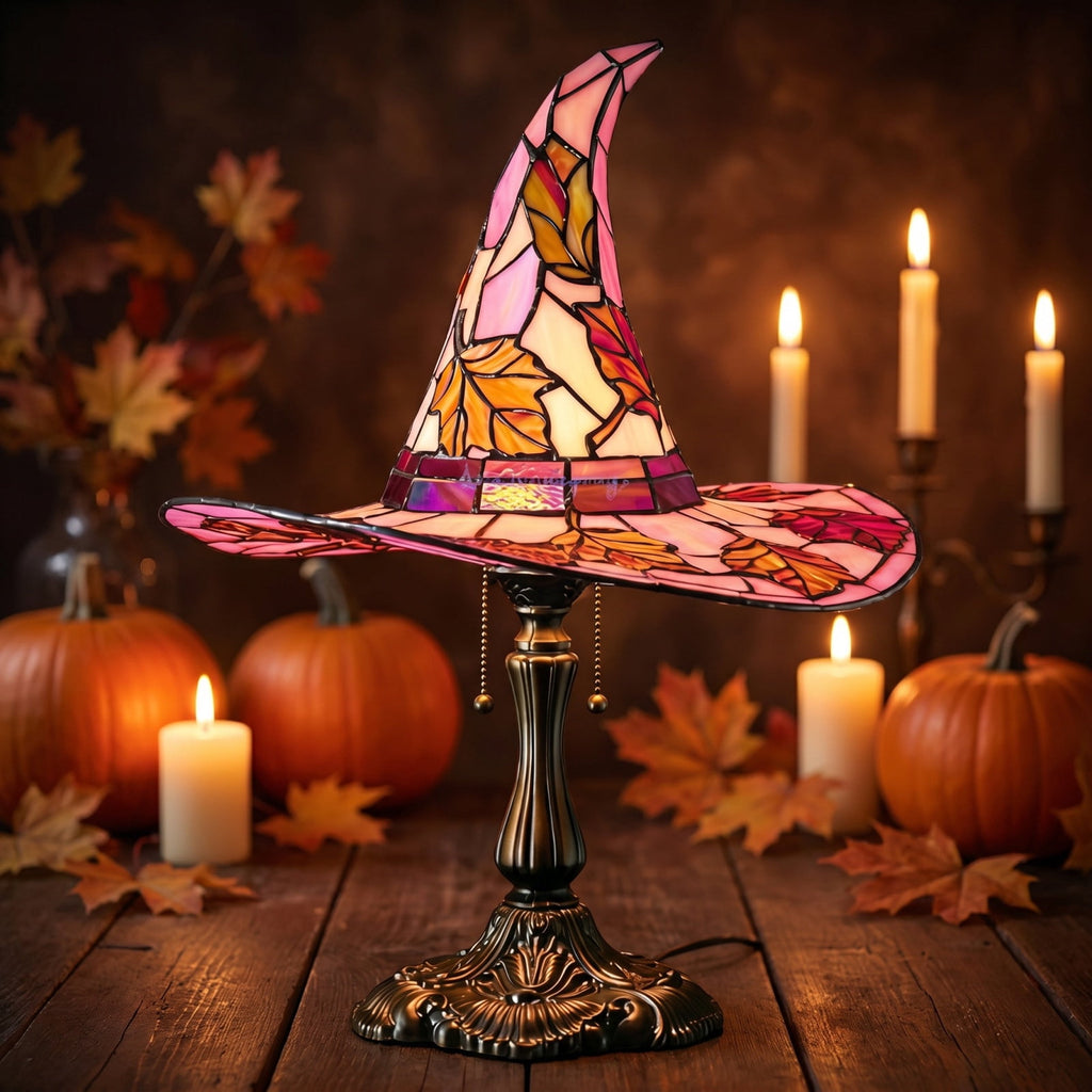 Stained Glass Witch hat lamp, 7" Halloween Gothic Mystic Room Decor Handcrafted Ceramic Phantom Figurine, USB Rechargeable LED Glowing Lantern for Bedroom Living Room Mantel Home Decor