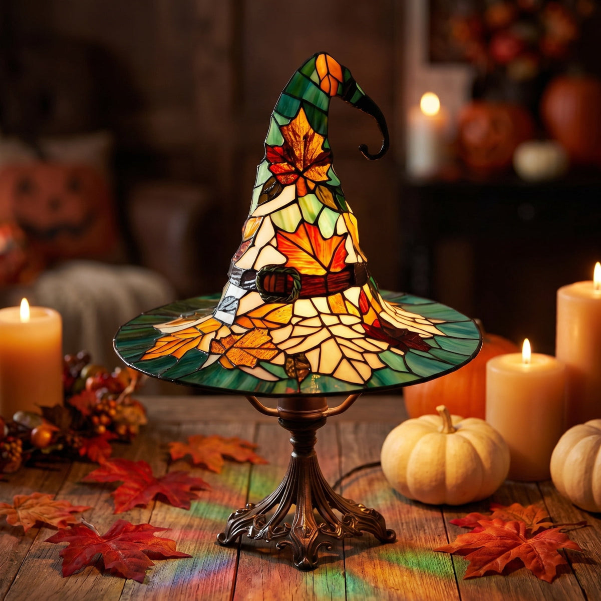 Stained Glass Witch hat lamp, 7" Halloween Gothic Mystic Room Decor Handcrafted Ceramic Phantom Figurine, USB Rechargeable LED Glowing Lantern for Bedroom Living Room Mantel Home Decor