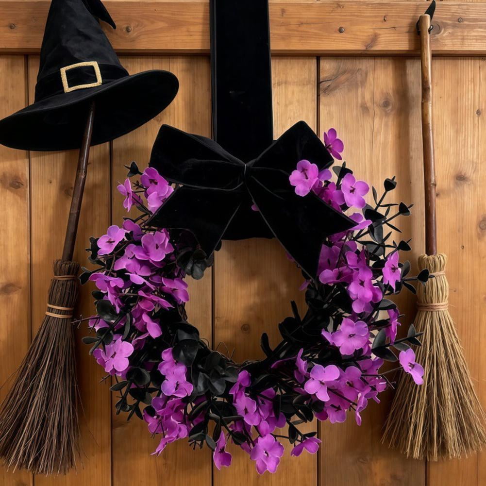 Mini Halloween Wreath, 8.6 Inch Artificial Black Grapevine Wreath with Velvet Bow for Cabinet, Window, Wall and Tabletop Gothic Decor