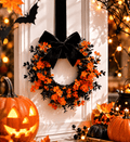 Mini Halloween Wreath, 8.6 Inch Artificial Black Grapevine Wreath with Velvet Bow for Cabinet, Window, Wall and Tabletop Gothic Decor