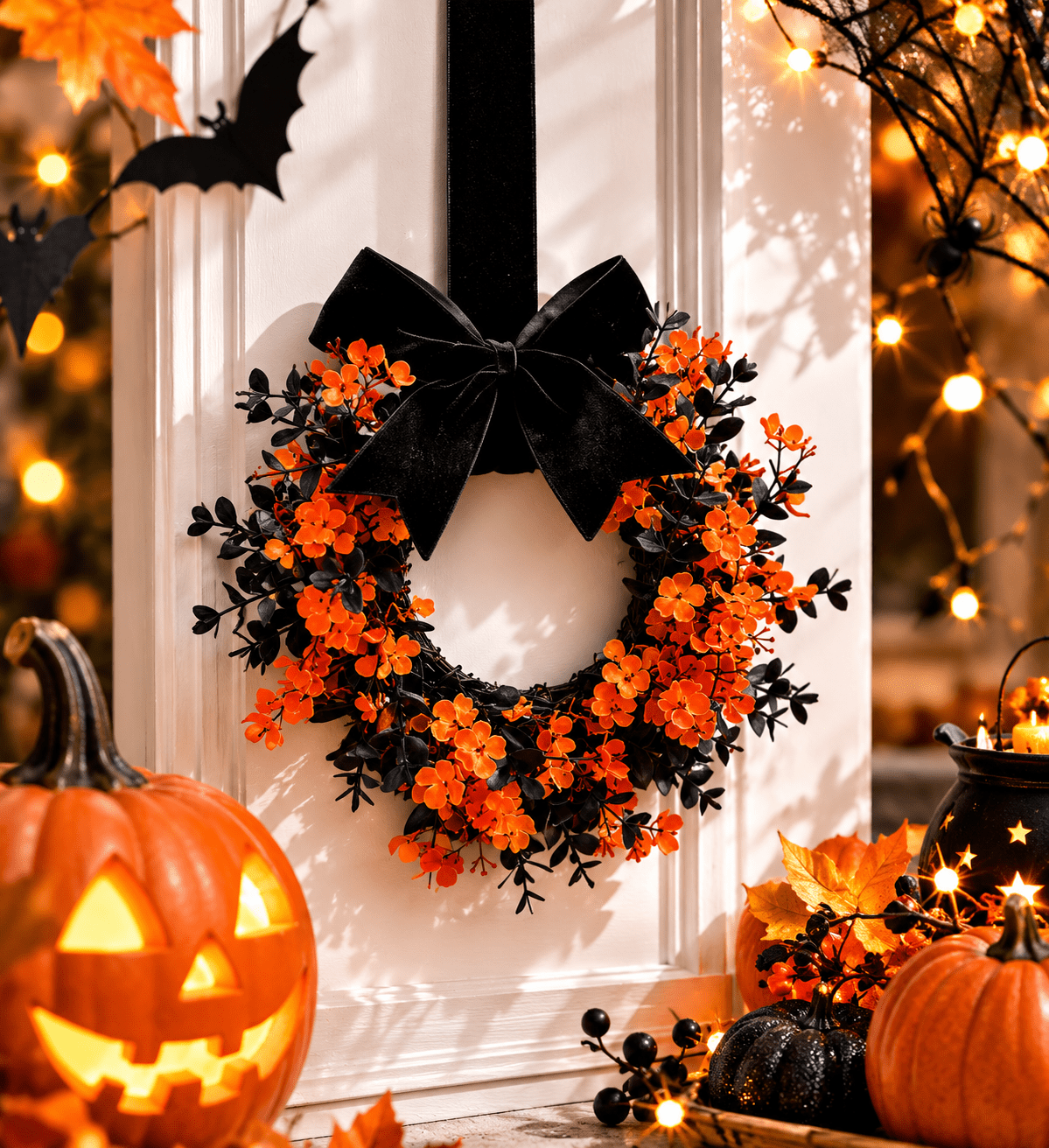 Mini Halloween Wreath, 8.6 Inch Artificial Black Grapevine Wreath with Velvet Bow for Cabinet, Window, Wall and Tabletop Gothic Decor