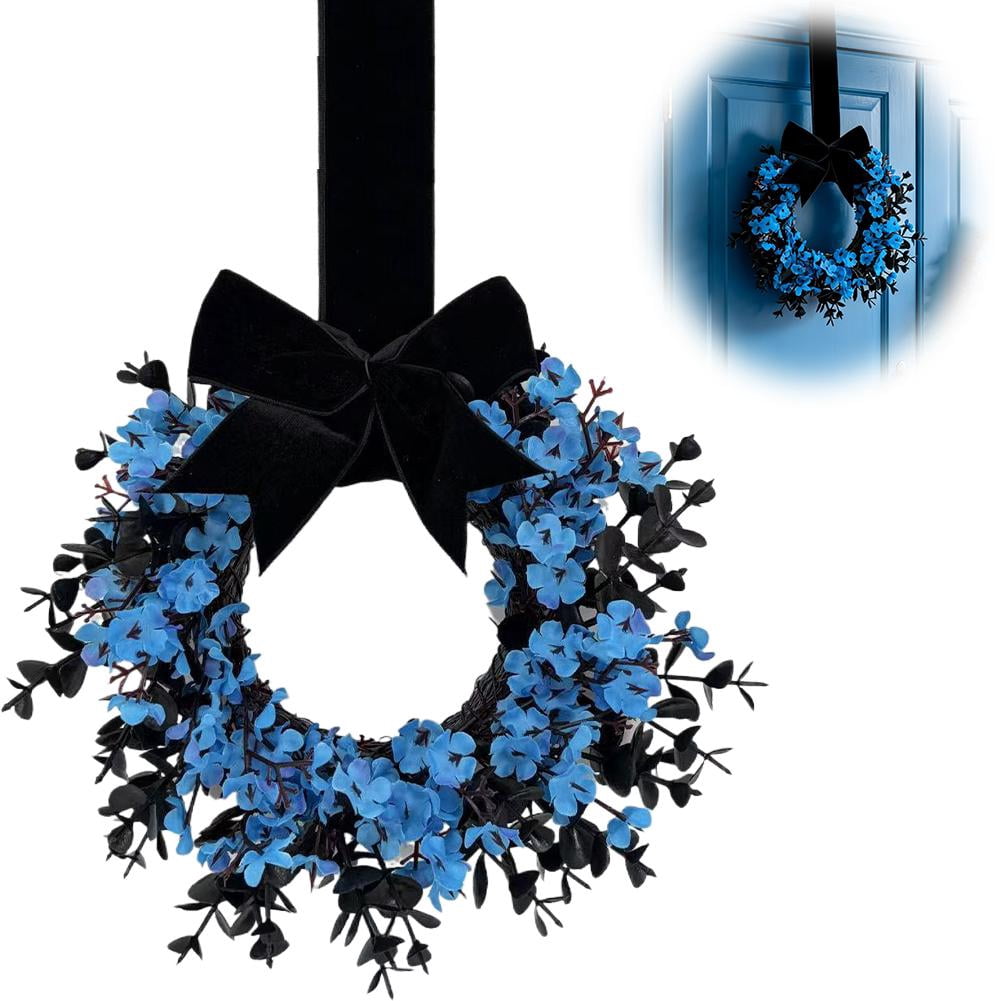 Mini Halloween Wreath, 8.6 Inch Artificial Black Grapevine Wreath with Velvet Bow for Cabinet, Window, Wall and Tabletop Gothic Decor