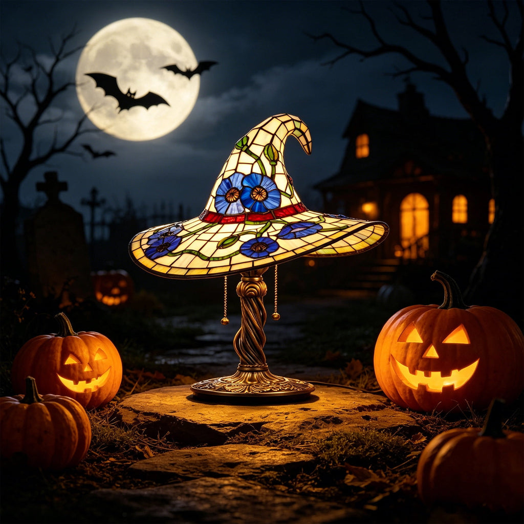 Stained Glass Witch hat lamp, 7" Halloween Gothic Mystic Room Decor Handcrafted Ceramic Phantom Figurine, USB Rechargeable LED Glowing Lantern for Bedroom Living Room Mantel Home Decor