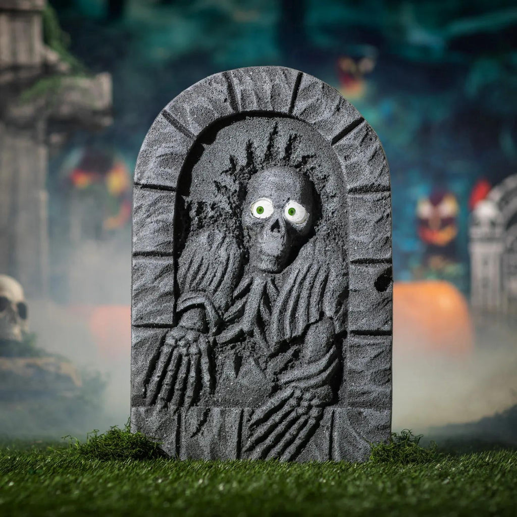 Morris Costumes 2 ft Gray Plastic Skeleton Tombstone with Moving Eyes Decoration - Gray