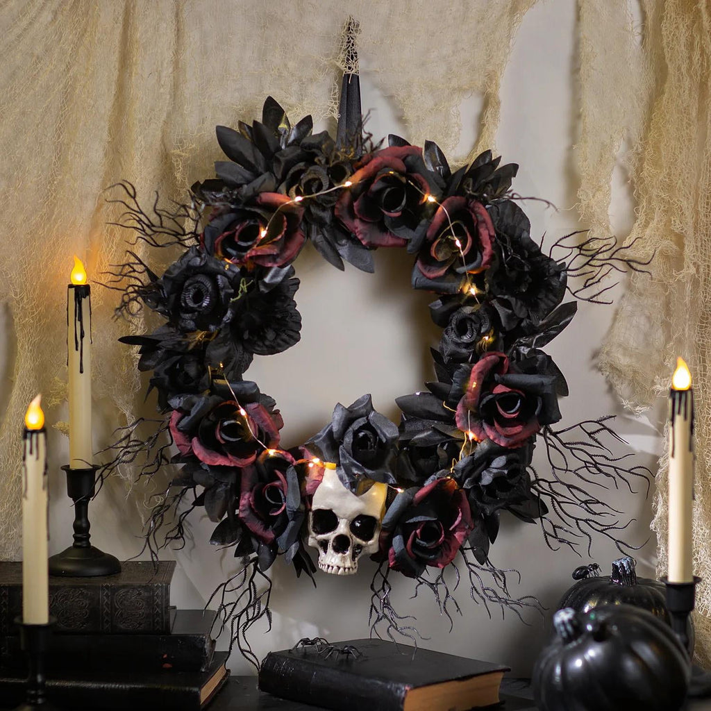 Morris Costumes 23.5 in Light-Up Dead Roses Halloween Wreath - Black