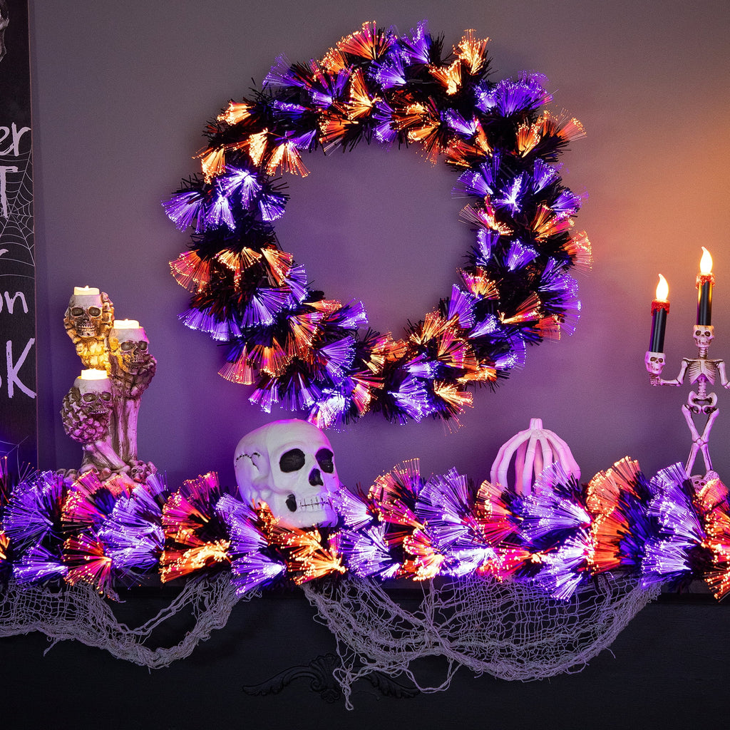 Multi-Function Fiber Optic Artificial Halloween Wreath - 24" - Black - Orange and Purple LED