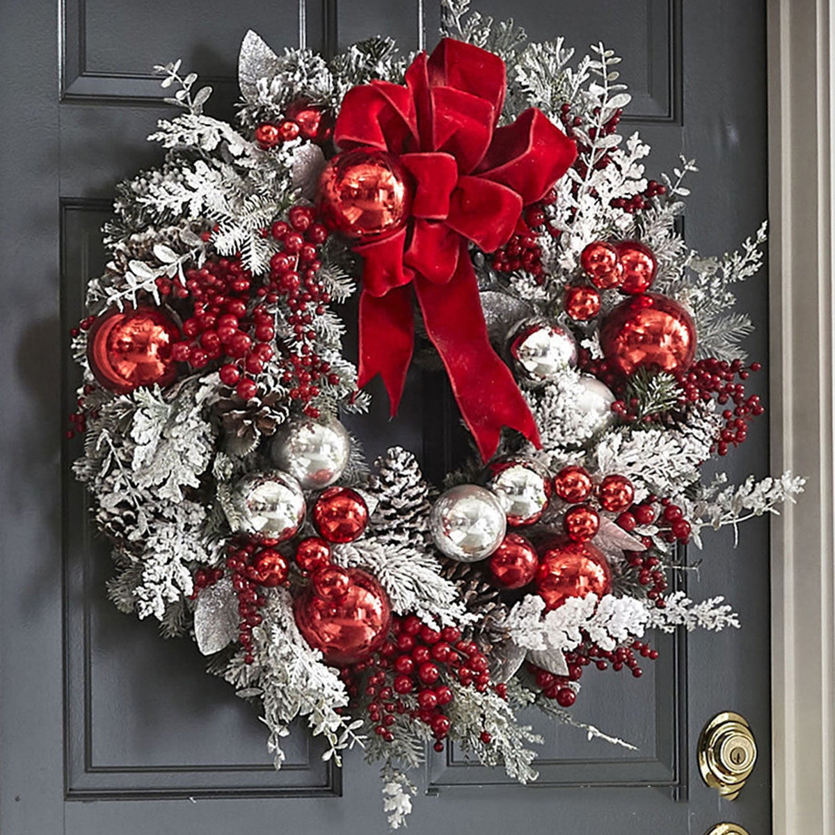 Opehuo Christmas Wreath Outdoor,Artificial Christmas Garland for Front Door with Red Flocking Bowknot,Pine Cones,Red Berries,Indoor and Outdoor Christmas Decorations(B)