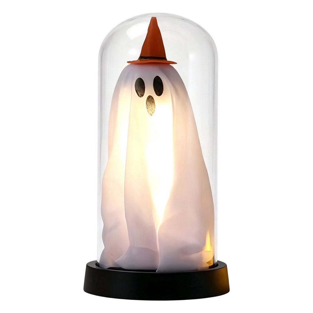 Orangide Halloween Ghost Cloche Night Light Fabric Ghost Lamp with Glass Dome for Mantel Shelf Spooky Party and Home Decor Ornament