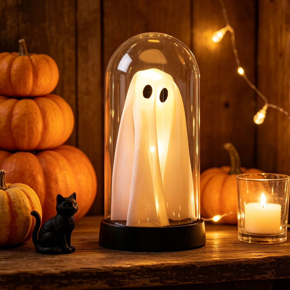 Orangide Halloween Ghost Cloche Night Light Fabric Ghost Lamp with Glass Dome for Mantel Shelf Spooky Party and Home Decor Ornament