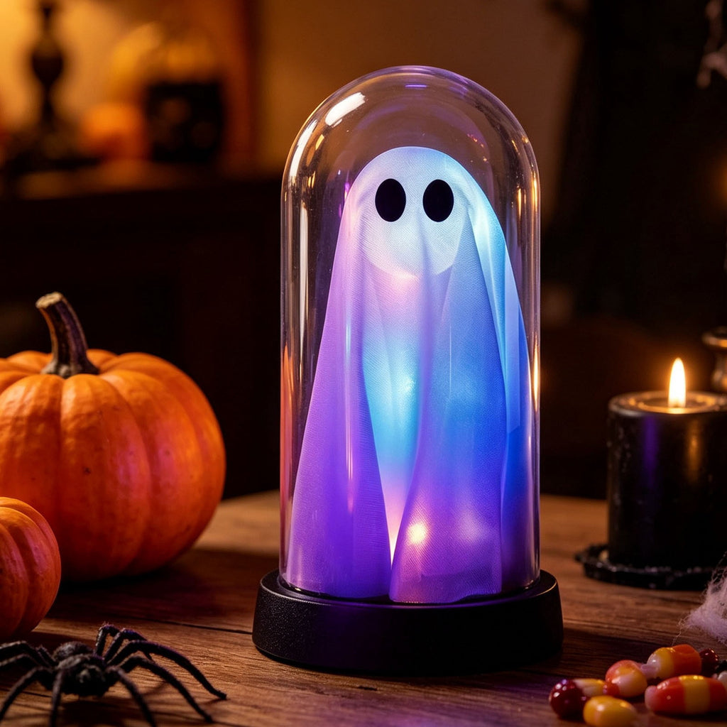 Orangide Halloween Ghost Cloche Night Light Fabric Ghost Lamp with Glass Dome for Mantel Shelf Spooky Party and Home Decor Ornament