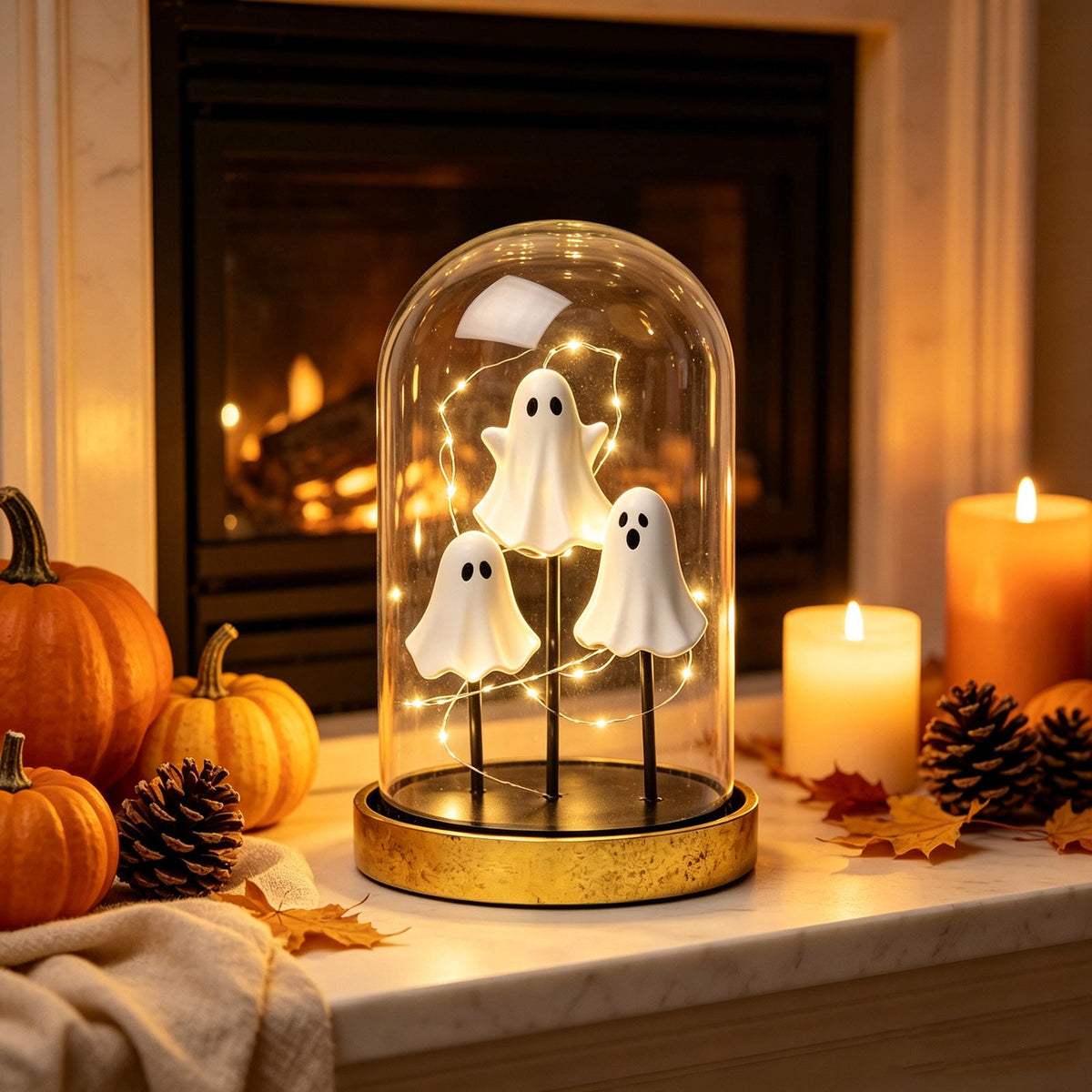 Orangide Halloween Ghost Cloche Night Light Fabric Ghost Lamp with Glass Dome for Mantel Shelf Spooky Party and Home Decor Ornament