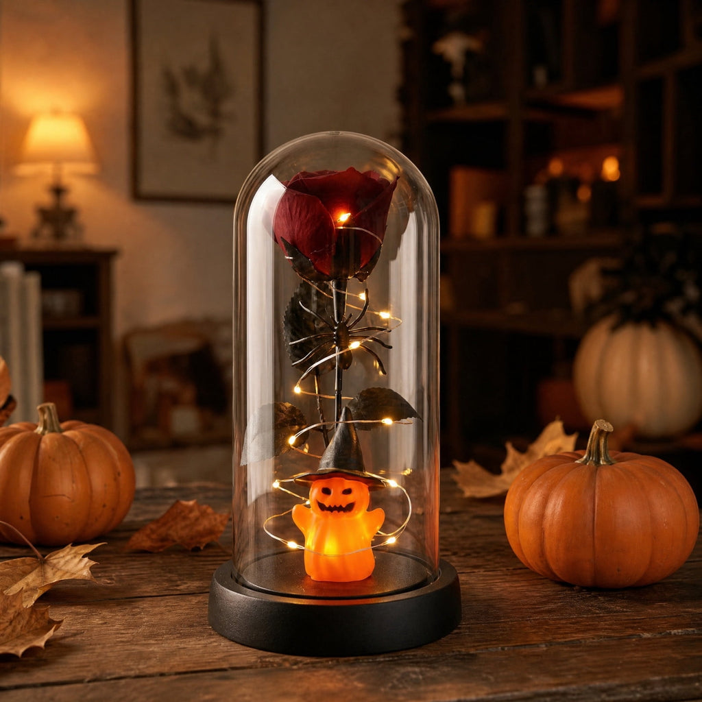 Orangide Halloween Ghost Cloche Night Light Fabric Ghost Lamp with Glass Dome for Mantel Shelf Spooky Party and Home Decor Ornament