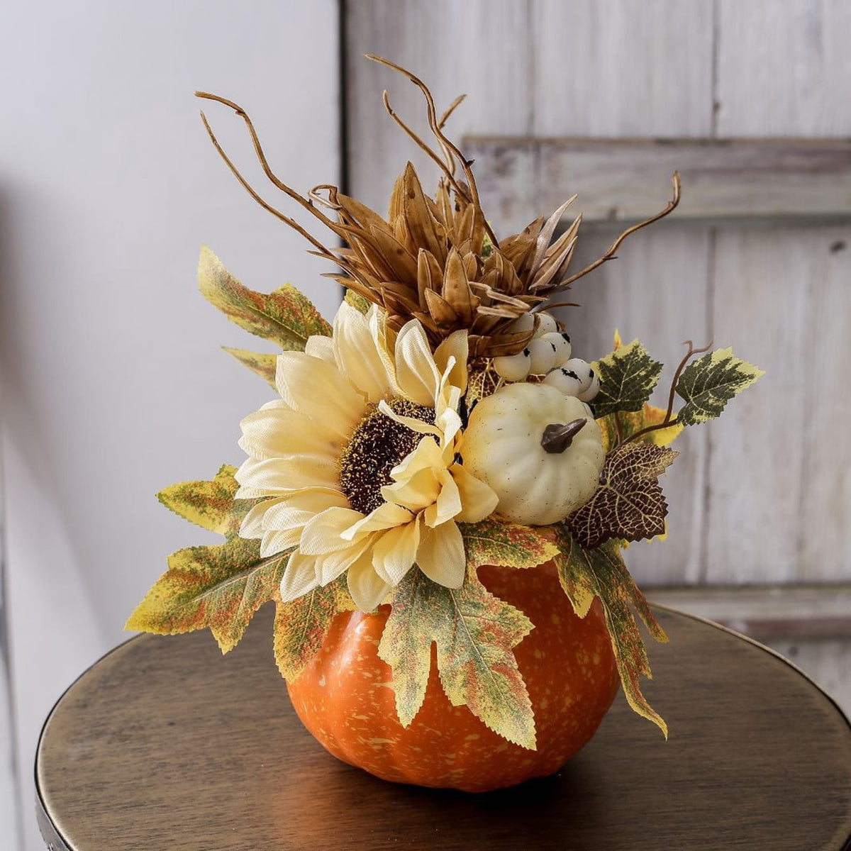 Peacheart Fall Table Decoration, 4.7" Artificial Pumpkin with Sunflower Berry Maple Leave for Autumn Harvest Thanksgiving Halloween Wedding Party Farmhouse Home Table Centerpiece