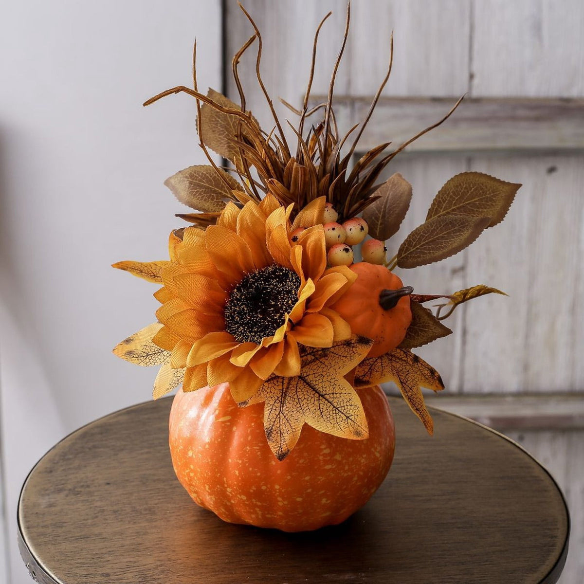 Peacheart Fall Table Decoration, 4.7" Artificial Pumpkin with Sunflower Berry Maple Leave for Autumn Harvest Thanksgiving Halloween Wedding Party Farmhouse Home Table Centerpiece
