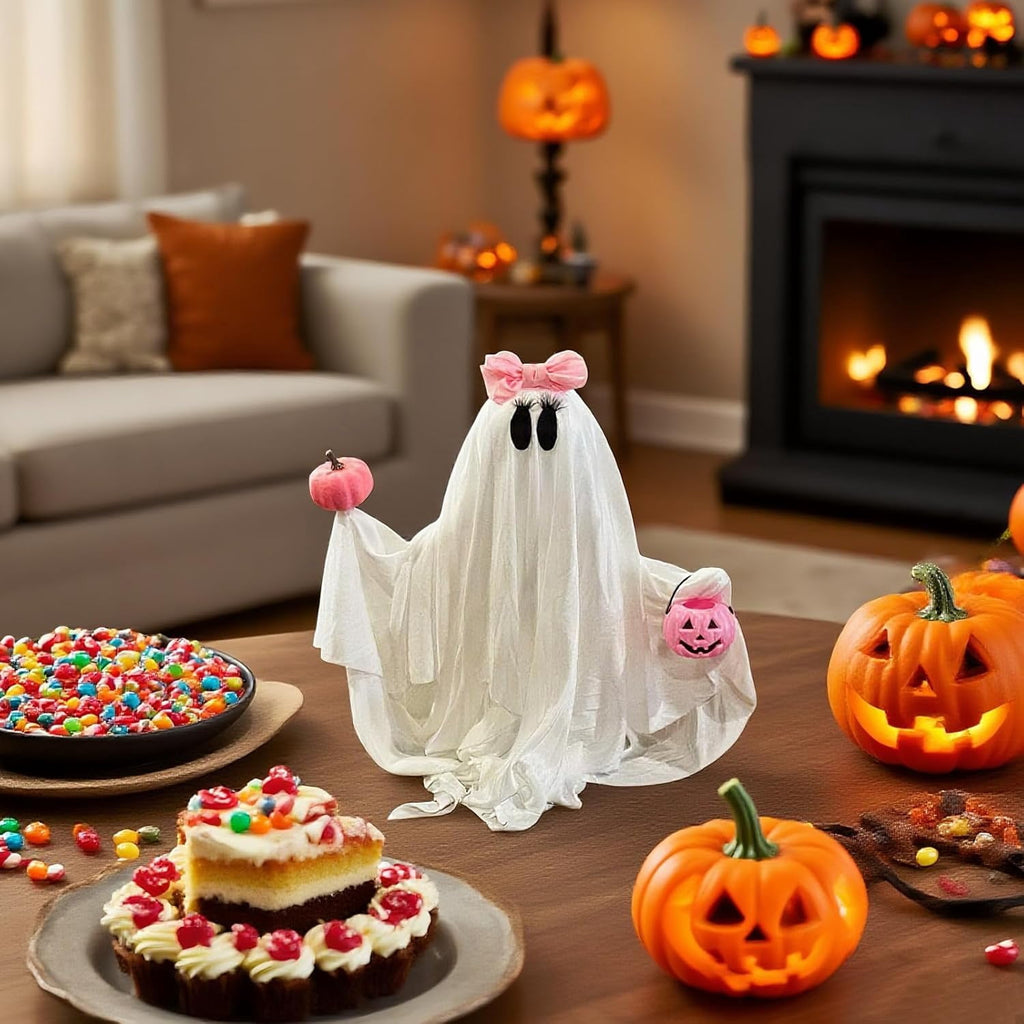 Pink Ghost Decorations Halloween Spooky Ghosts with Pink Bow Table Decor Scary Halloween Centerpiece Party Home Table Room Kitchen Office
