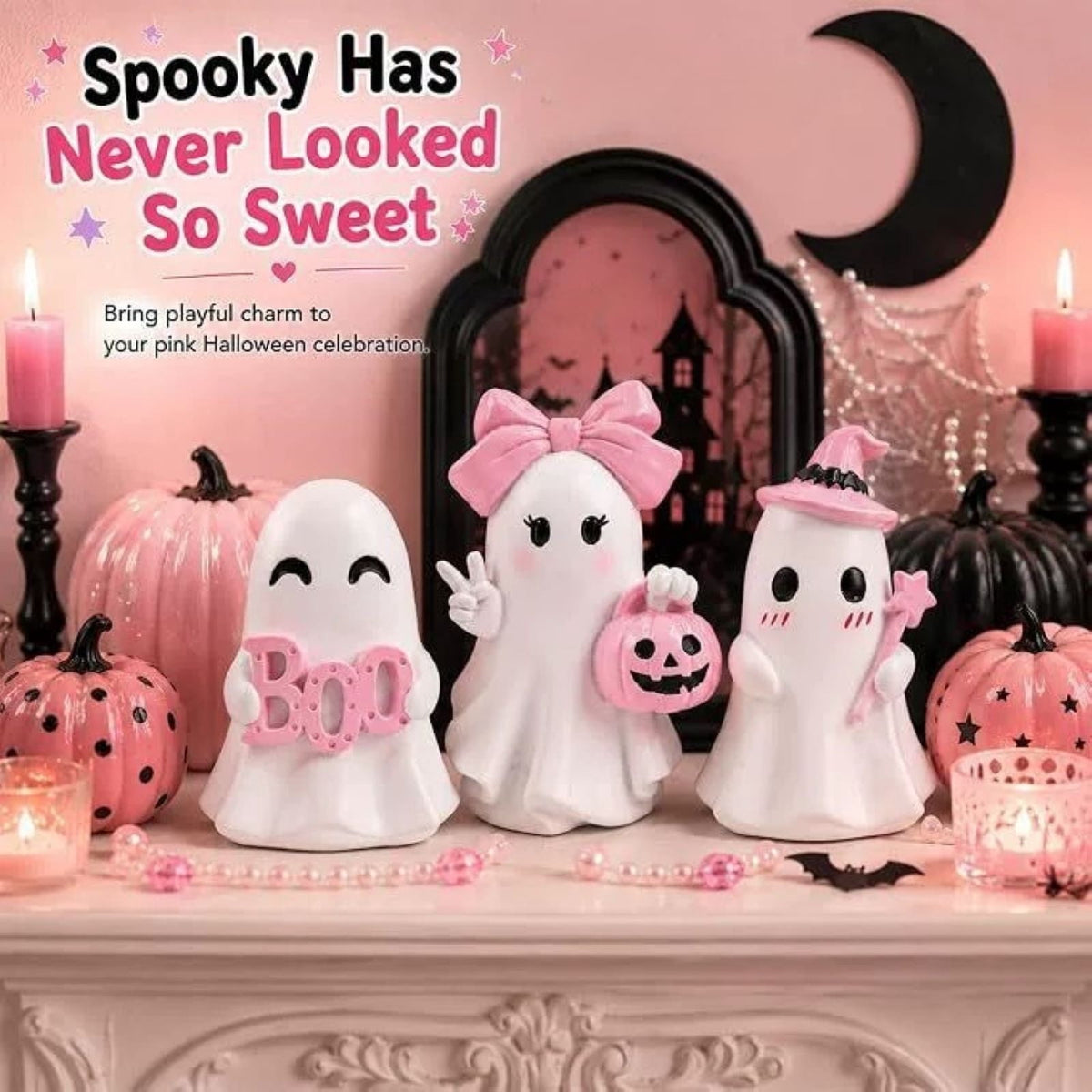 Pink Halloween Decor Ghost Candy Bowl Figurine with Bow and Scalloped Holder for Indoor Tabletop Decor and Party Favor Display