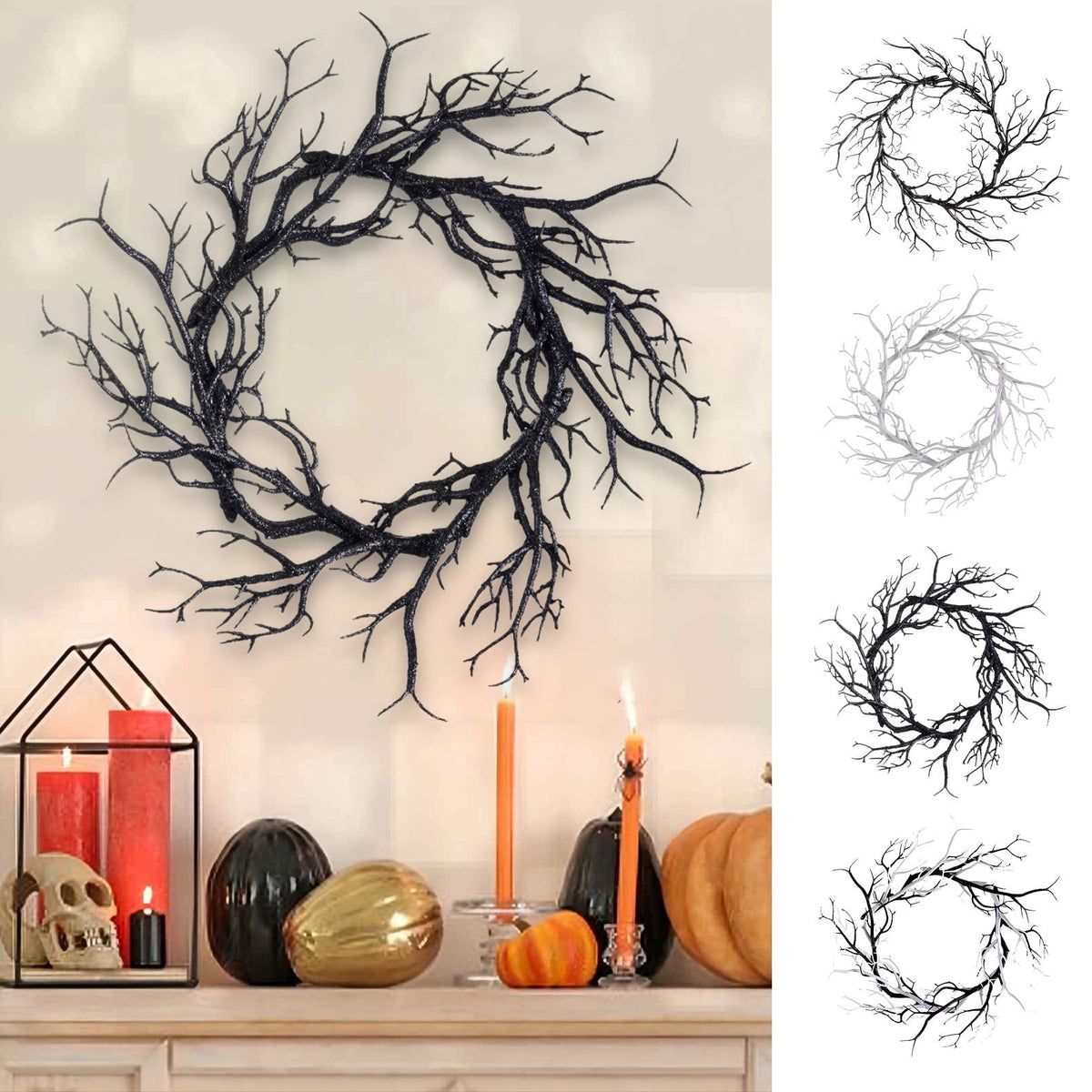 Plastic Twig Wreath for Front Door Halloween Decor, Indoor Outdoor Hanging Ornament with Spooky Vibe