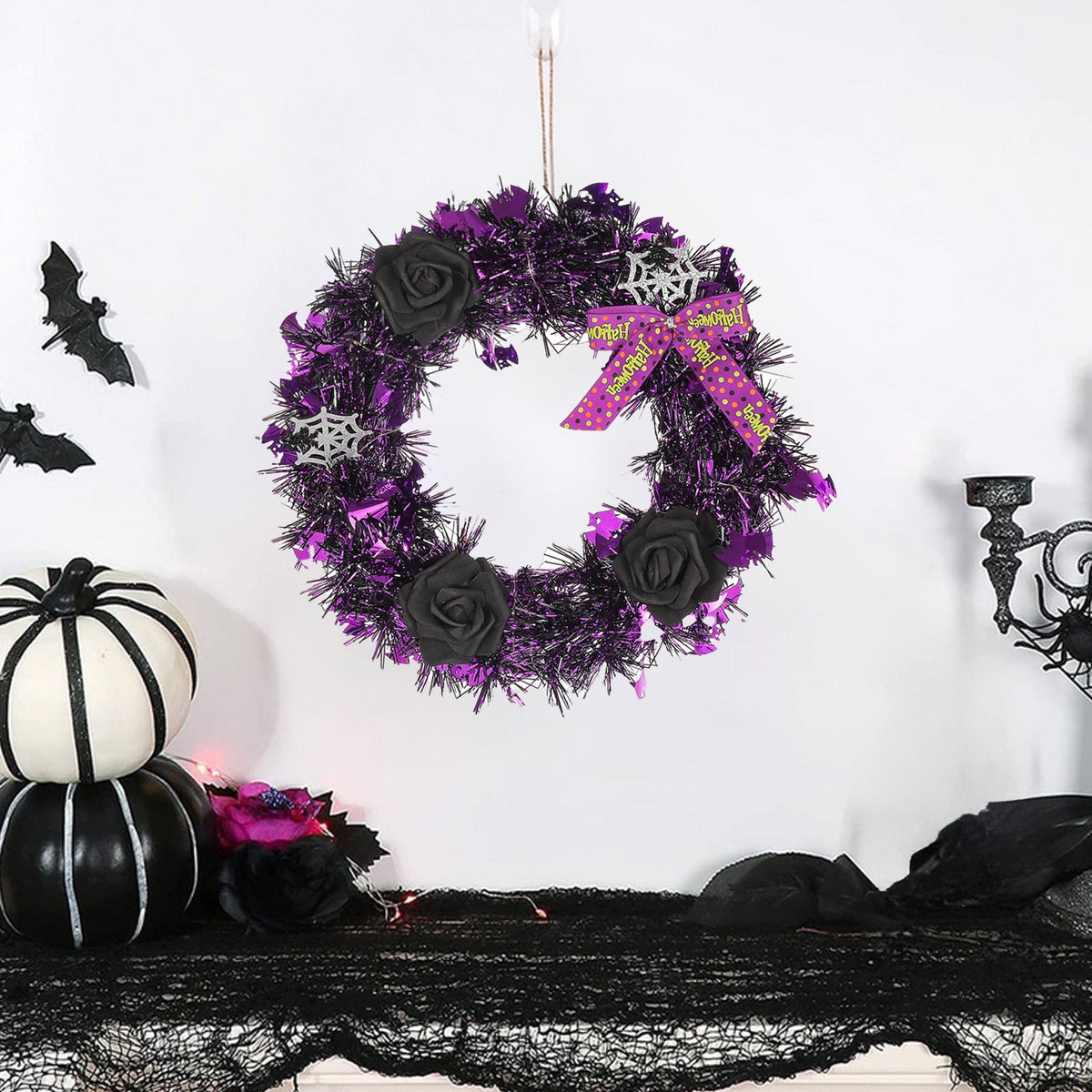 Fankiway Halloween Wreaths for front door, Halloween Black Flower Wreath Wall Door Hanging Festival Party Decor, Halloween Outdoor Wreath, Halloween Decorations