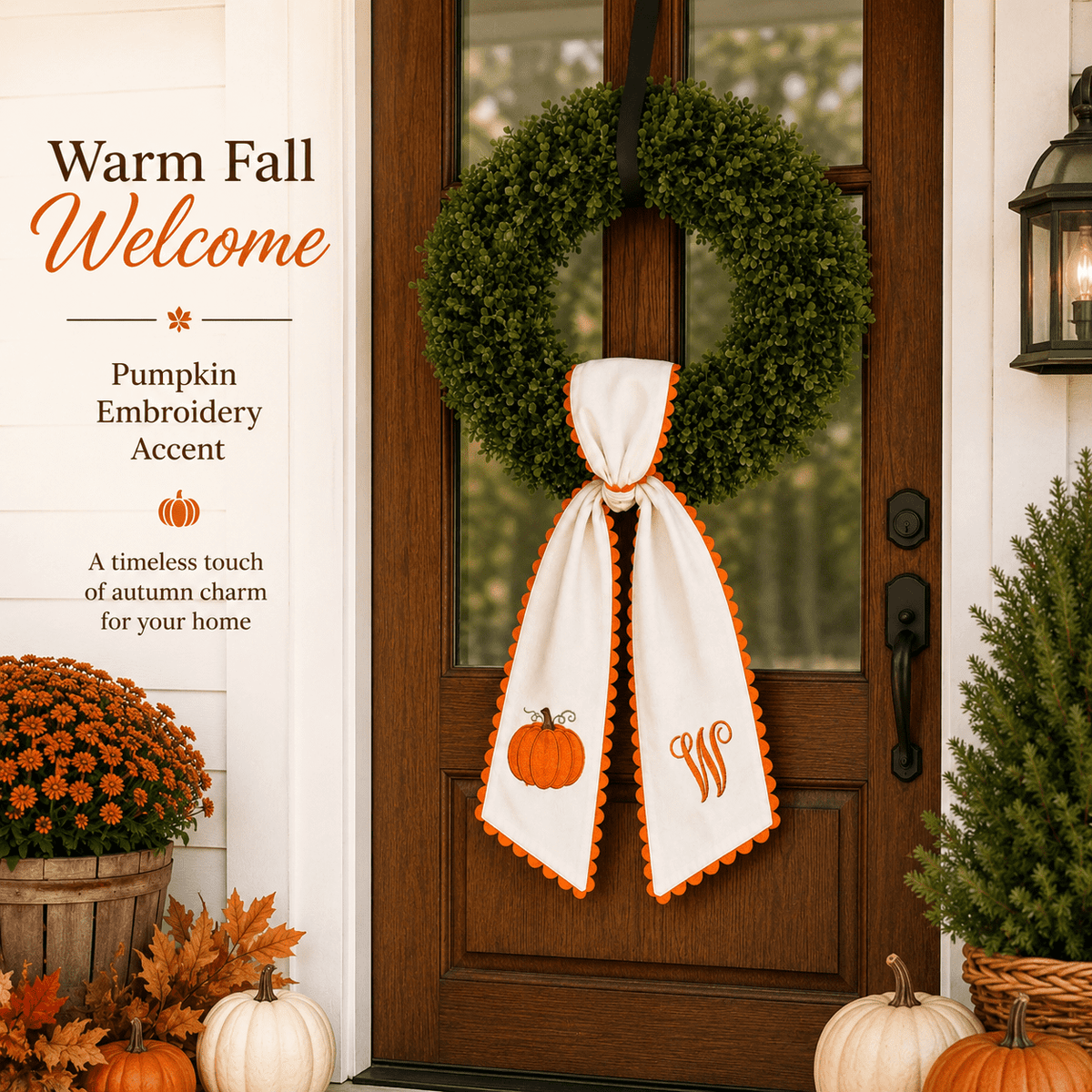 Pumpkin Embroidered Wreath Sash, 50 x 5 inch Orange Scalloped Lettered Ribbon for Halloween, Thanksgiving, Front Door, Seasonal Garland and Fall Home Decor, I