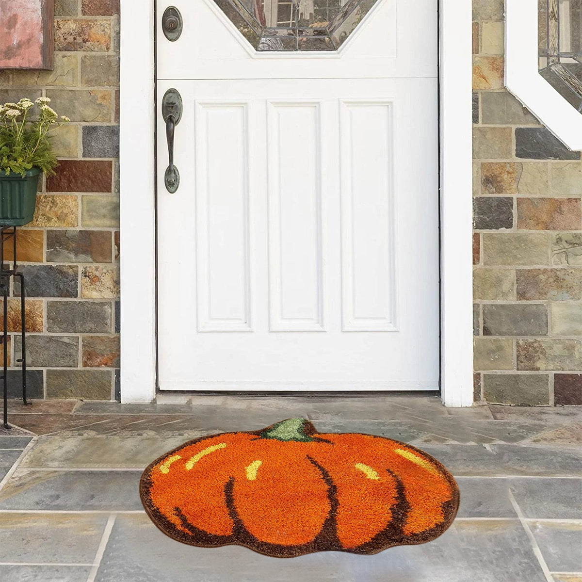 Orange Plaid Fall Outdoor Mat, Hand-Woven Porch Rug for Thanksgiving Halloween Door Decor