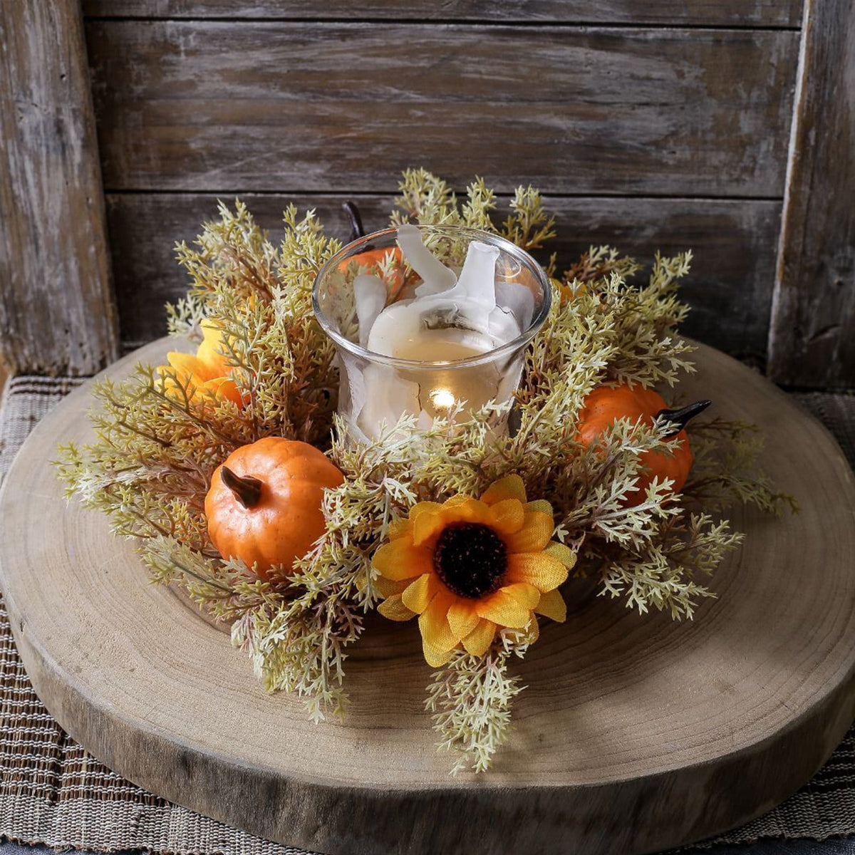 Pumpkins Candle Rings Wreaths Fall Candle Rings Maple Leaves Harvest Day Wreath Ring Holder Sunflower Pumpkin for Autumn Harvest Festival Farmhouse Halloween Table Decor