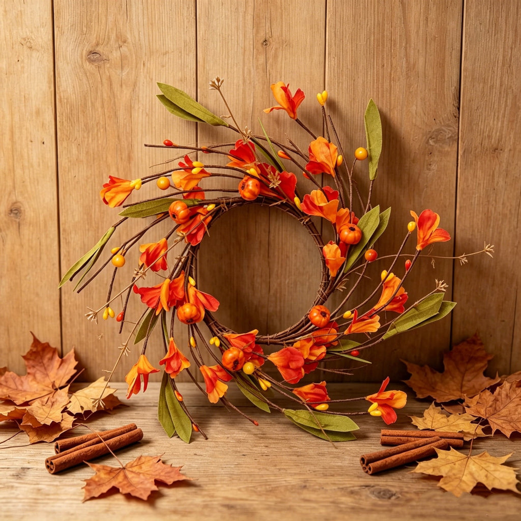 Qocolcyl 12in Faux Pumpkin Floral Fall Wreath, Fake Autumn Flower Berry Candle Ring, Small Twig Wreath for Front Door Mantel Dining Table Indoor Outdoor Thanksgiving Halloween Farmhouse Decor