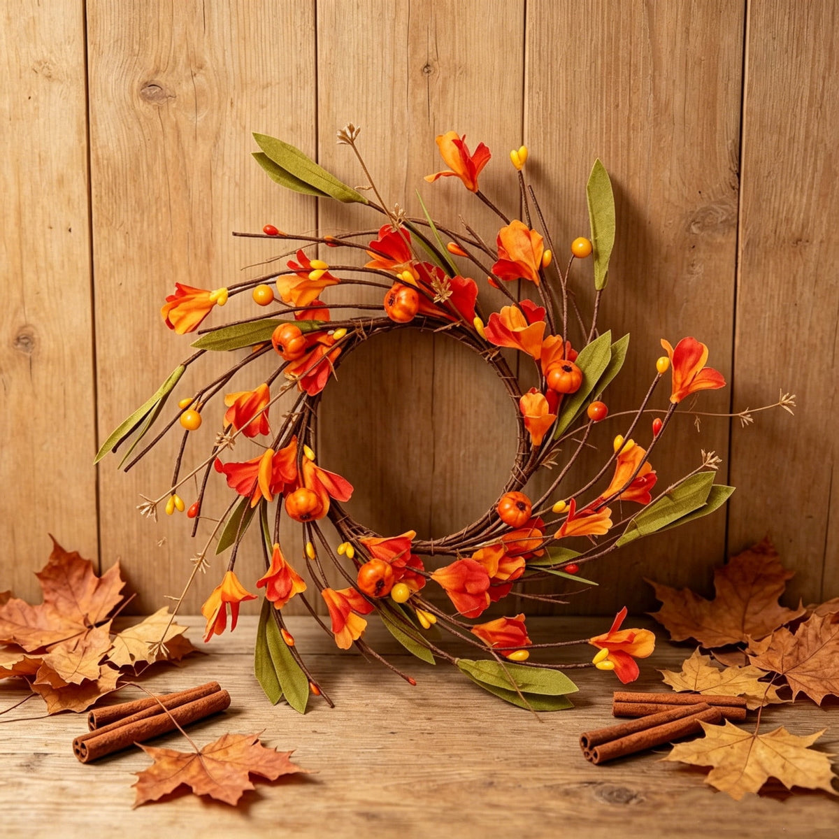 Qocolcyl 12in Faux Pumpkin Floral Fall Wreath, Fake Autumn Flower Berry Candle Ring, Small Twig Wreath for Front Door Mantel Dining Table Indoor Outdoor Thanksgiving Halloween Farmhouse Decor