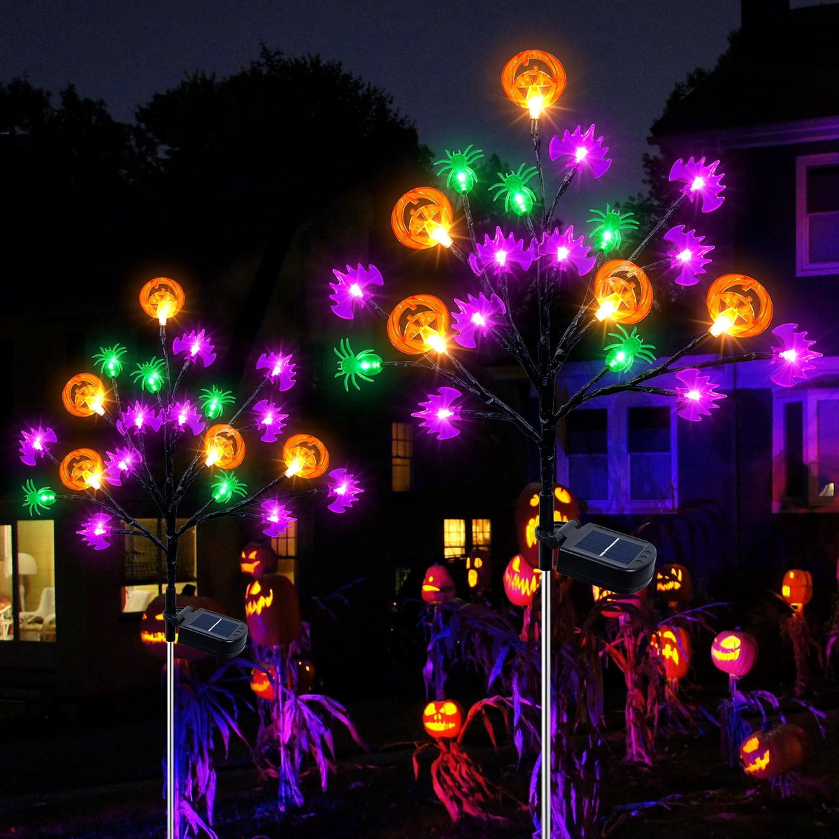 Qoosea 2 packs 40 LED Solar Halloween Lights, 2 Modes Halloween Bats Spiders Pumpkin Lights for Outdoor Decorations, Waterproof Stakes for Garden Yard Pathway Walkway